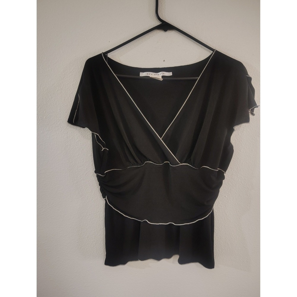Max Studio Womens Black Surplice V-Neck Lettuce Edge Trim‎ Blouse XL 6702